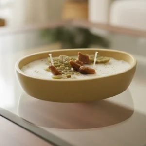 Φυτικό αρωματικο κερί σε δοχείο πορσελάνης 140 γρ. Ένα εντυπωσιακό οβάλ κερί, διακοσμημένο με περίτεχνα φύλλα σε ζεστές αποχρώσεις